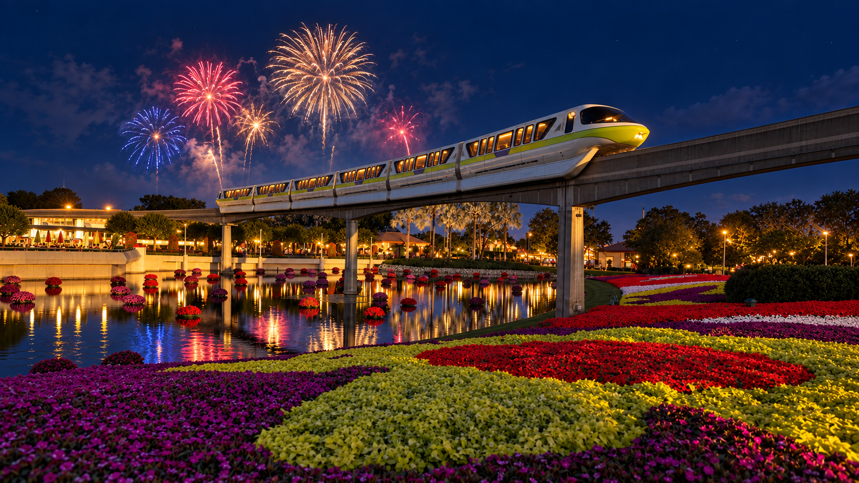 Storybook castle with fireworks over a twilight theme-park lagoon